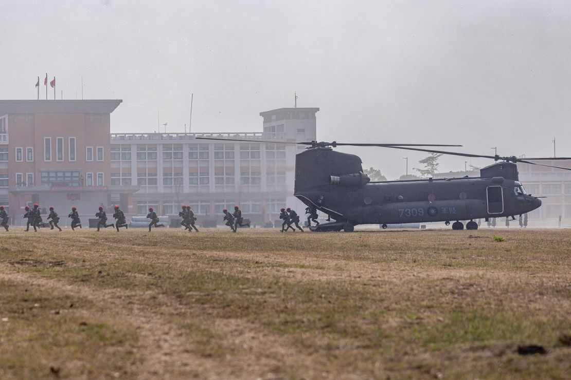 A CH-147F Chinook takes part in drills to show combat readiness ahead of the Lunar New Year holidays at a military base in Kaohsiung, Taiwan, on January 11.