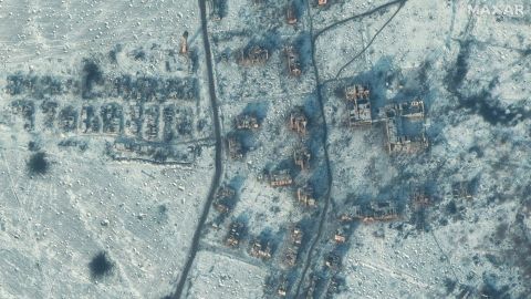 A satellite view shows a destroyed school and buildings in south Soledar on Tuesday. 