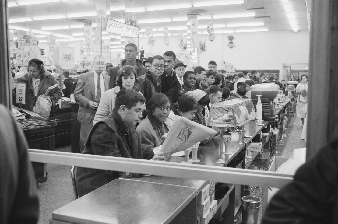 Members of the New York Youth Committee for Integration sit at a lunch counter in a Woolworth's store in April 1960 to protest segregation. 