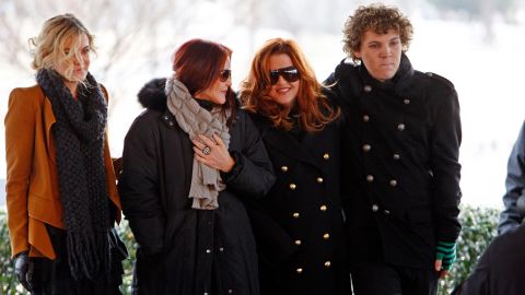Priscilla Presley, second from left, her daughter, Lisa Marie, second from right, and Lisa Marie's children, Riley Keough, 21, left, and Benjamin Keough, 18, right, take part in a ceremony commemorating the 75th Elvis Presley's birthday Friday, January 8, 2010 in Memphis, Tenn.