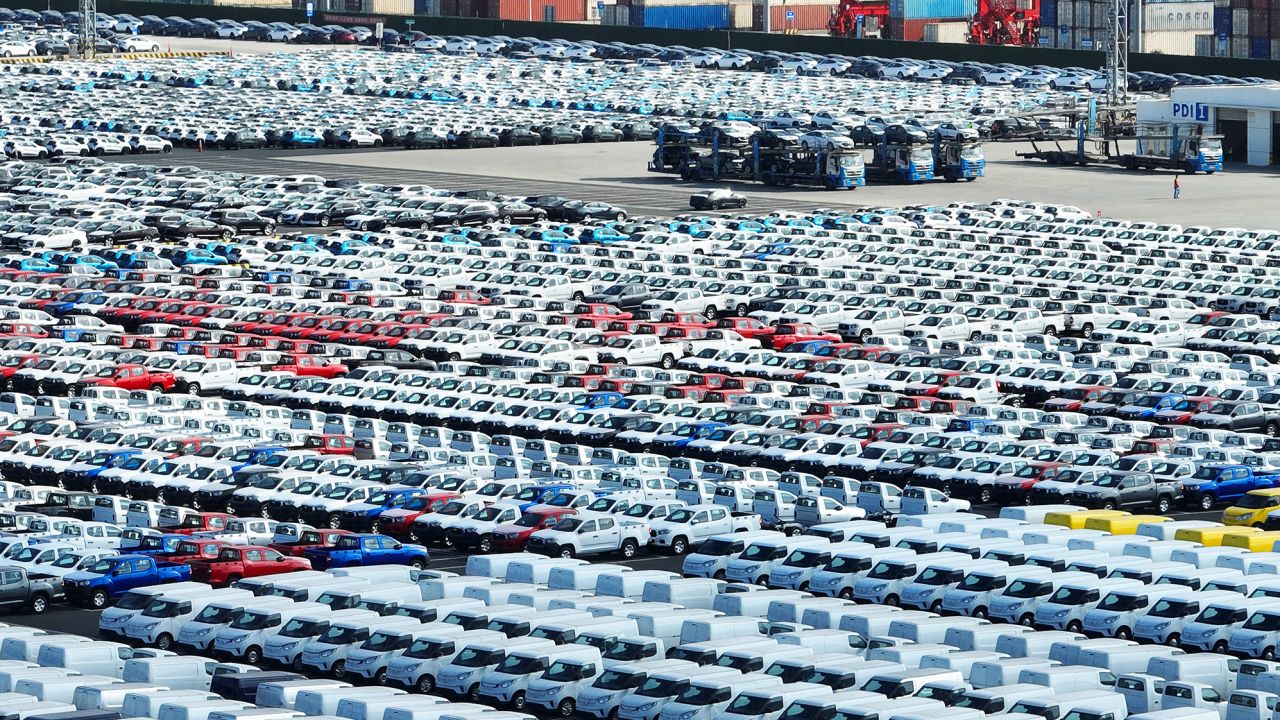 Aerial view of vehicles waiting to be shipped at Taicang Port on January 10, 2023, in Taicang, Jiangsu Province of China.