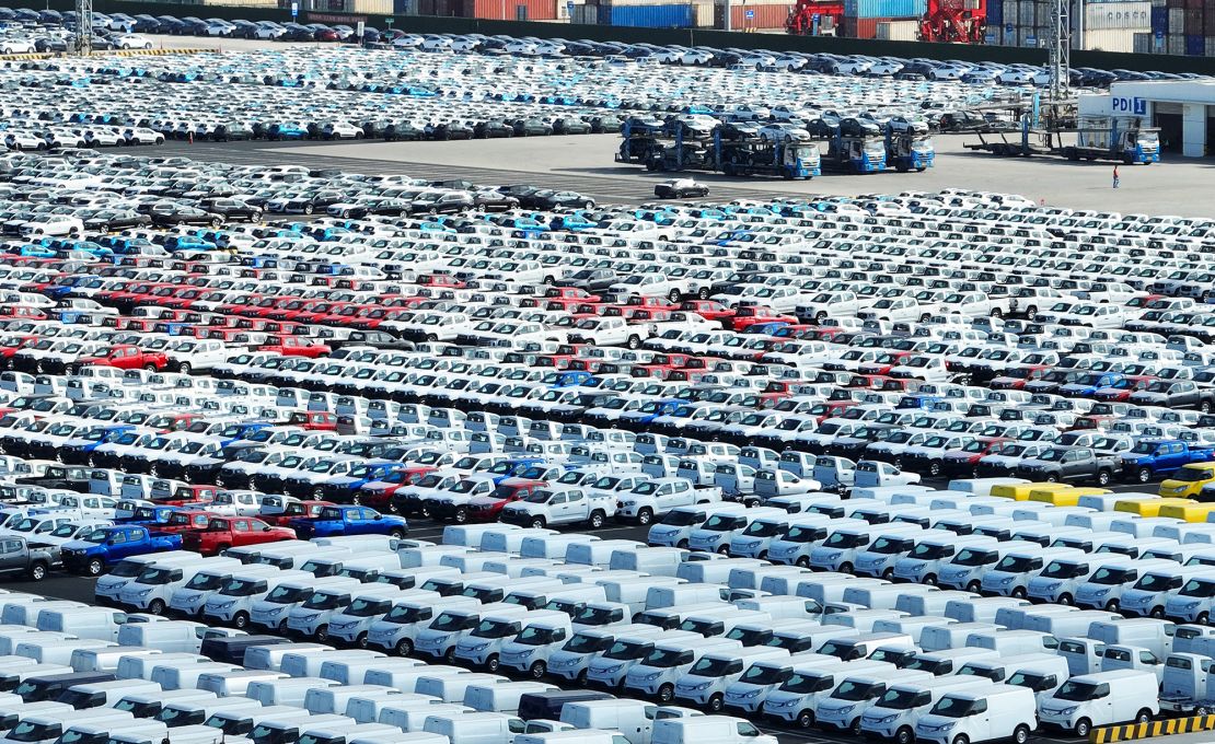 Aerial view of vehicles waiting to be shipped at Taicang Port on January 10, 2023, in Taicang, Jiangsu Province of China.