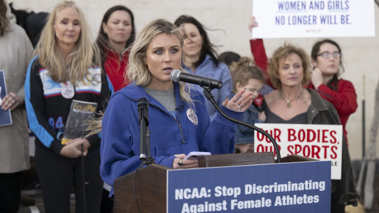 Riley Gaines speaks at a rally outside the NCAA Convention in San Antonio, Texas, on Thursday.