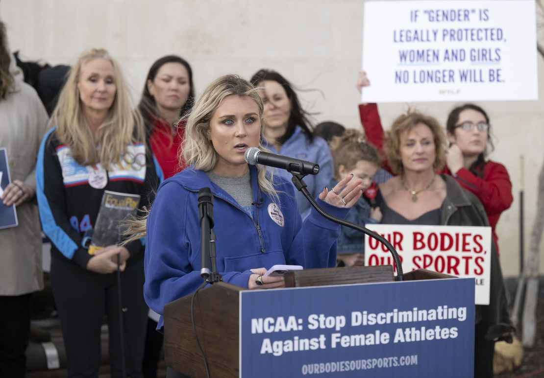 Riley Gaines speaks at a rally outside the NCAA Convention in San Antonio, Texas, on Thursday.