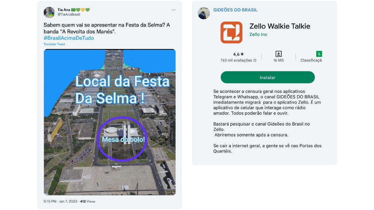 On the left, a tweet detailing a map of the parliamentary area, labelling the National Congress building as the assembly point for protesters. On the right, a Telegram post mentioning Zello, a phone app that works like a walkie talkie if internet is disrupted during the march.