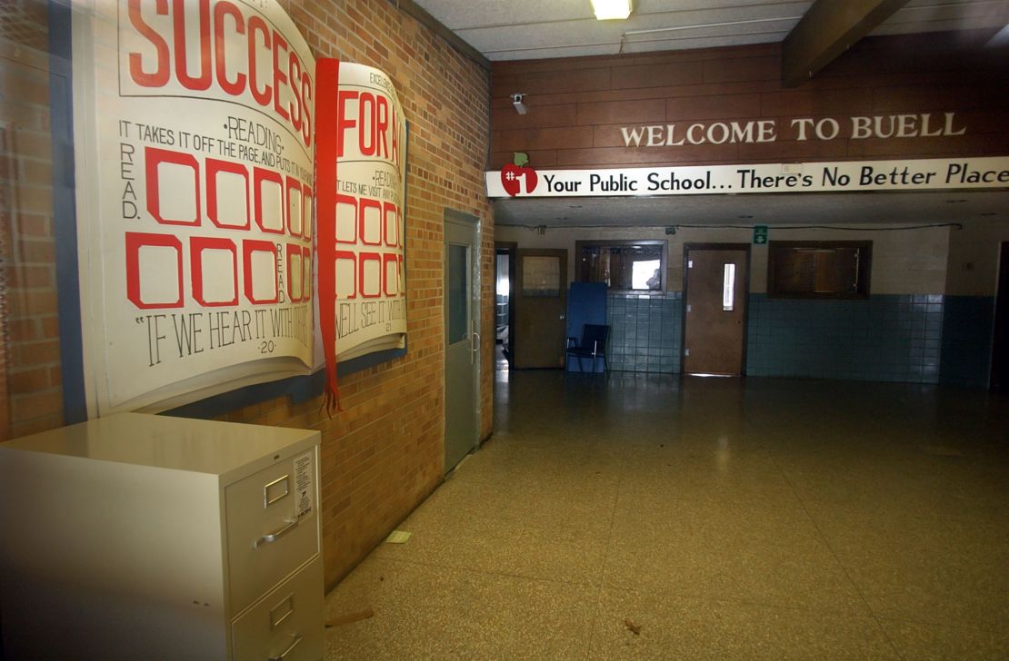 The interior of Buell Elementary School in Mount Morris Township is seen in February 2005 from a door window. The school permanently closed to students in 2002.