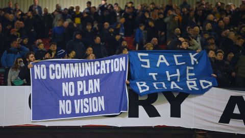 Everton fans display banners during the FA Cup match against Manchester United in January. 