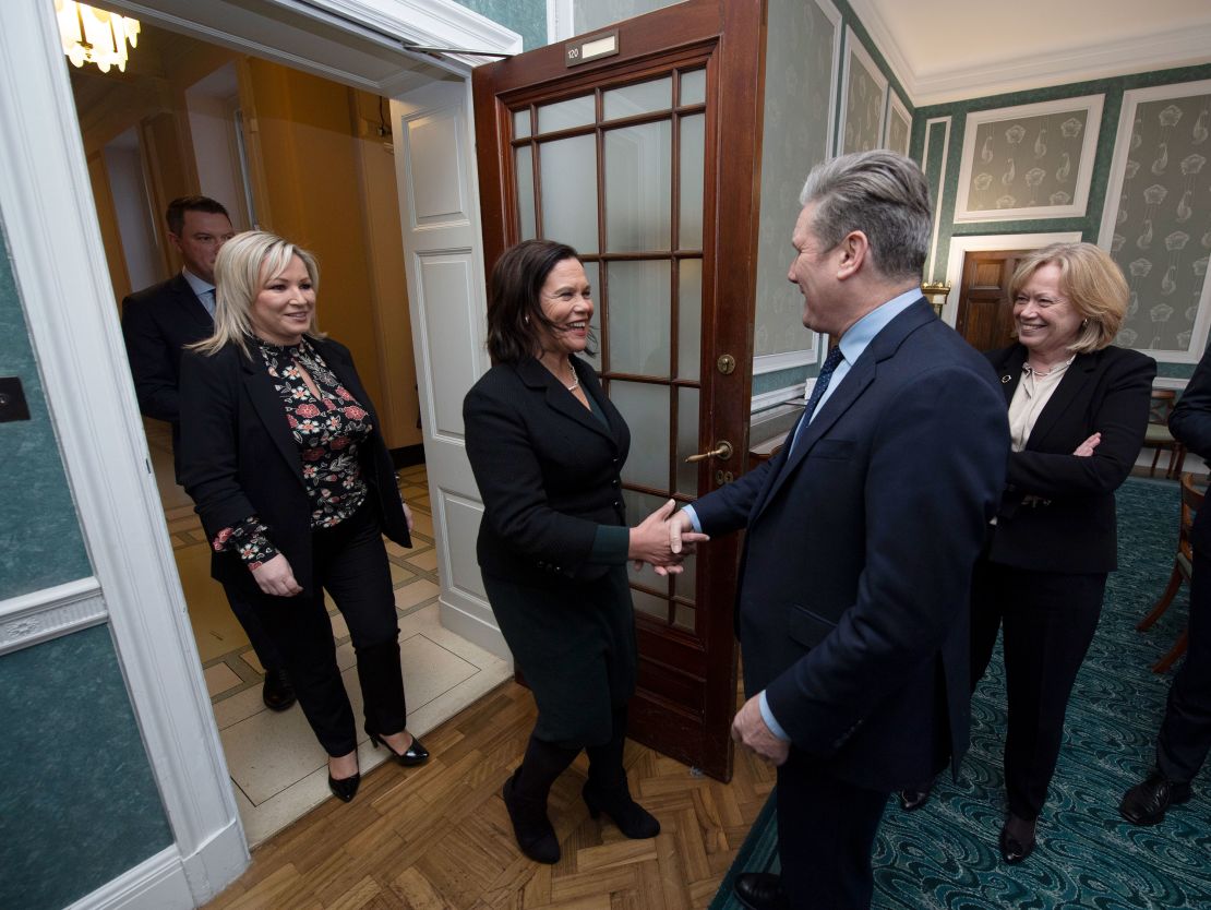UK opposition leader Keir Starmer meets Sinn Fein President Mary Lou McDonald and Sinn Fein northern leader Michelle O'Neill at Stormont on January 12, 2023 in Belfast.