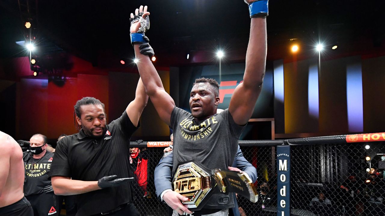 Ngannou reacts after his victory over Stipe Miocic in their UFC heavyweight championship fight in March 2021.