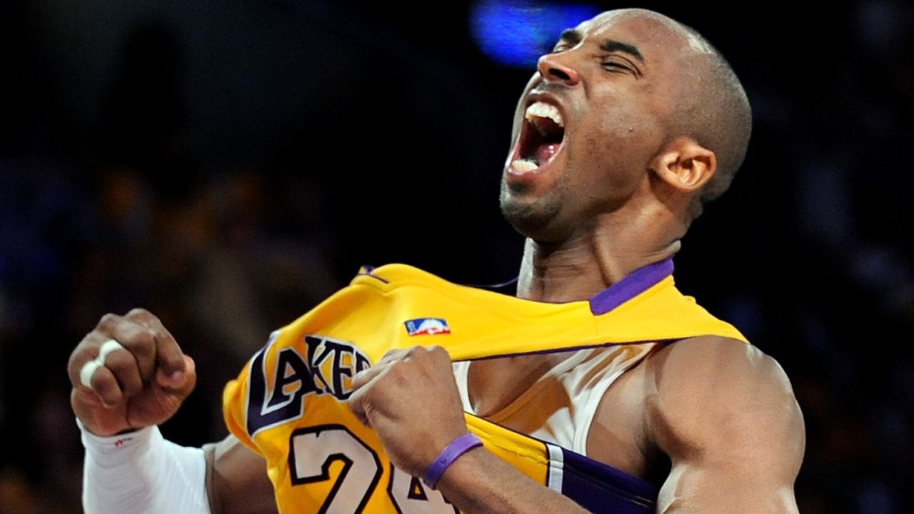 Kobe Bryant celebrates his three pointer against the Nuggets in Game 2 of the NBA Playoffs at the Staples Center in 2008.