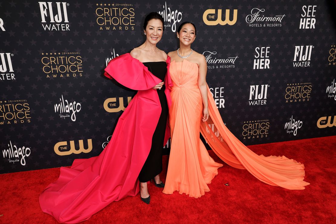 Michelle Yeoh turned heads in a Carolina Herrera gown and De Beers jewelry, while "Everything Everywhere All at Once" co-star Stephanie Hsu wore Valentino. 