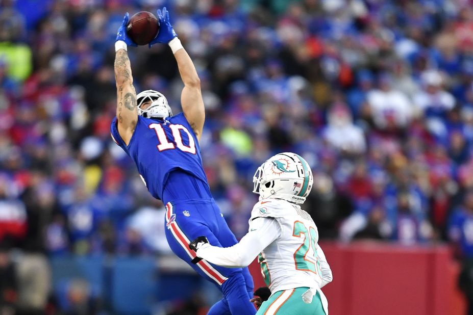 Buffalo Bills wide receiver Khalil Shakir grabs a pass against Miami Dolphins cornerback Kader Kohou. Despite playing with third-string quarterback Skylar Thompson, the Dolphins almost shocked the Bills but came up just short, turning the ball over on downs on Miami's final possession of the game as they lost 34-31. The Bills will now face the Bengals for the first time since Bills safety Damar Hamlin's on-field collapse brought a game between the two teams to a halt and set off a national outpouring of support.