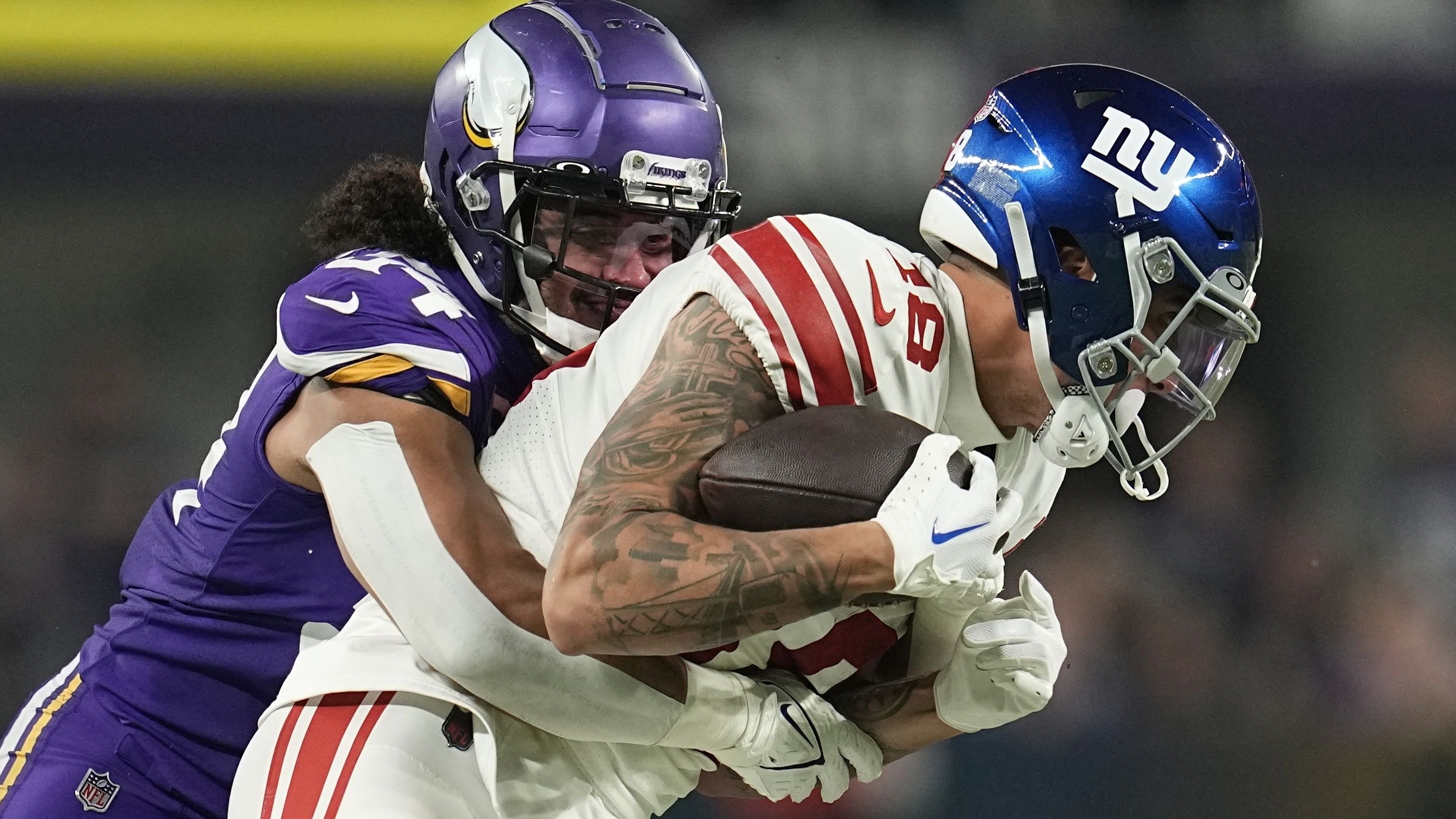 The Minnesota Vikings' Eric Kendricks tackles New York Giants wide receiver Isaiah Hodgins. The Giants shocked the No. 3 seed 31-24 largely thanks to an excellent performance from quarterback Daniel Jones. The 25-year-old finished with 301 passing yards and two touchdowns, as well as 78 rushing yards. 