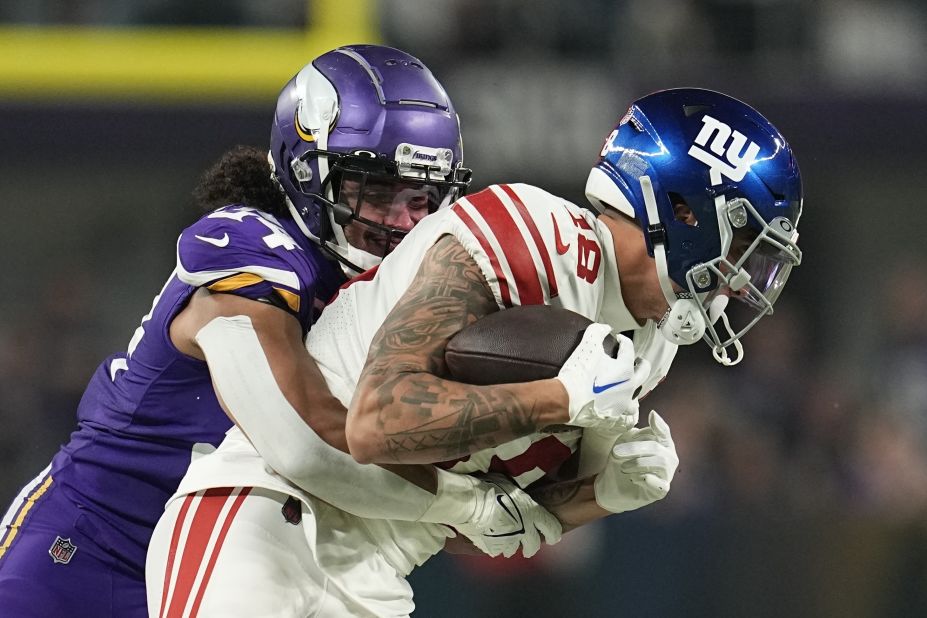 The Minnesota Vikings' Eric Kendricks tackles New York Giants wide receiver Isaiah Hodgins. The Giants shocked the No. 3 seed 31-24 largely thanks to an excellent performance from quarterback Daniel Jones. The 25-year-old finished with 301 passing yards and two touchdowns, as well as 78 rushing yards. 