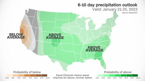 The precipitation outlook from NOAA's Climate Prediction Center shows the West drying out for the next 6-10 days.