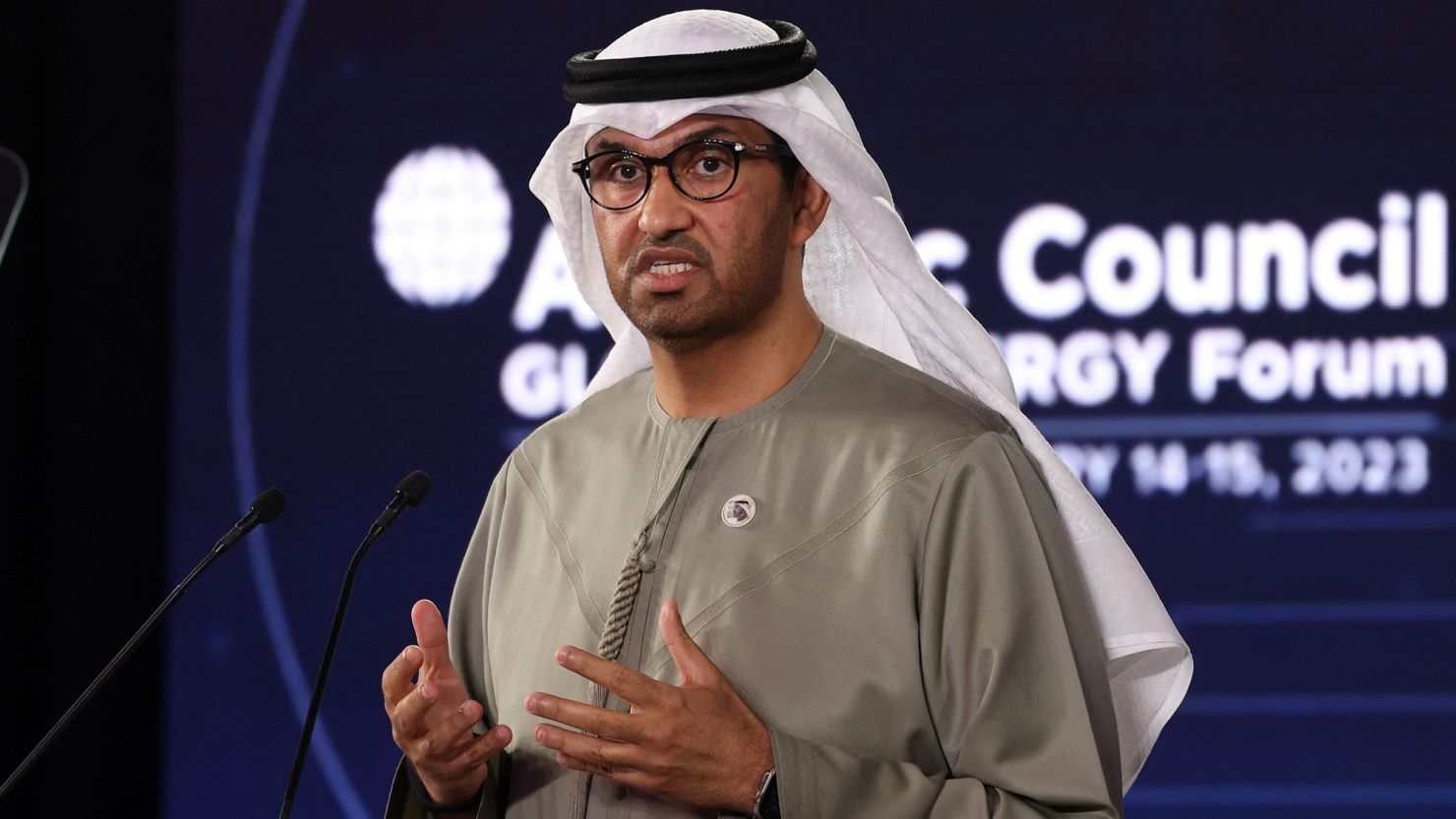 United Arab Emirates' Minister of State, climate envoy and CEO of the Abu Dhabi National Oil Company (ADNOC), Sultan Al Jaber, addresses the public at the opening session of the Atlantic Council Global Energy Forum, in the capital Abu Dhabi, on January 14. 
