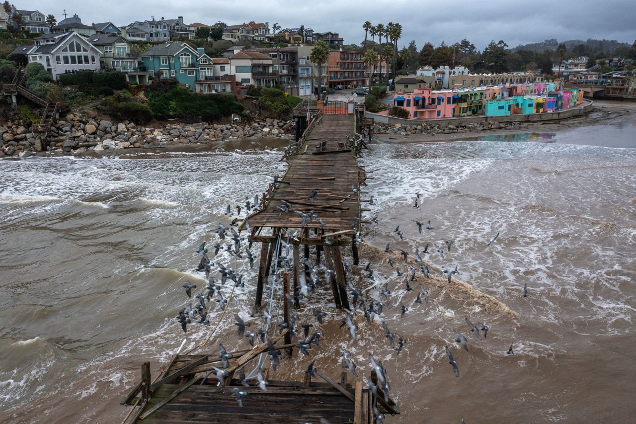 Damage caused by recent storms is seen at the Capitola Pier in Capitola, California, on Sunday, January 15. The pier was built in 1857.