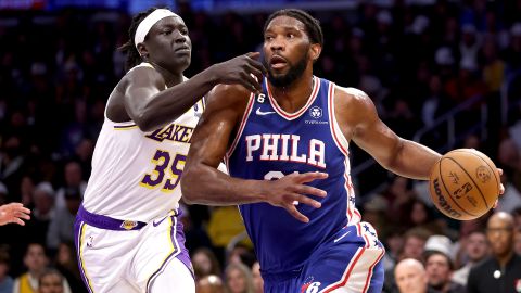 Embiid dribbles past Wenyen Gabriel in Sunday's game. 