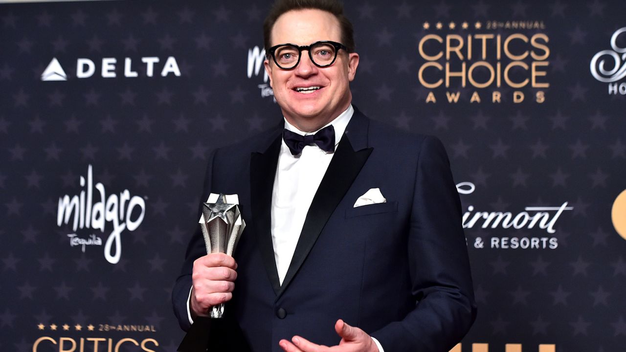 Brendan Fraser poses with the award for best actor for "The Whale" in the press room at the 28th annual Critics Choice Awards at The Fairmont Century Plaza Hotel on Sunday, Jan. 15, 2023, in Los Angeles. 