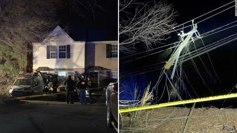 Photos taken by residents who live near the crash site show the car crashed into an apartment building and a downed power pole. 