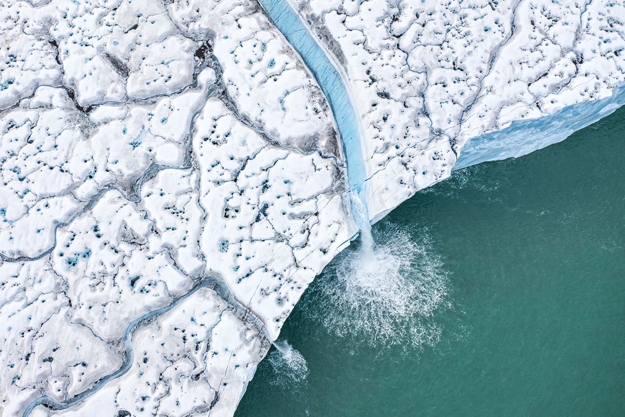 Aerial view of the Austfonna ice cap melting during the summer 2020, soon after the Svalbard archipelago recorded its highest temperature since records began.