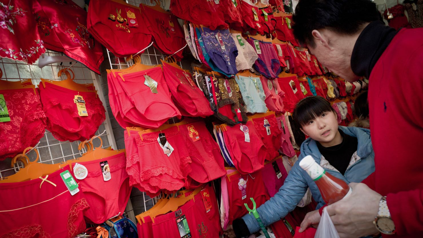 Red underwear displayed in a shop on the first day of the Lunar New Year in Shanghai on February 3, 2011. 