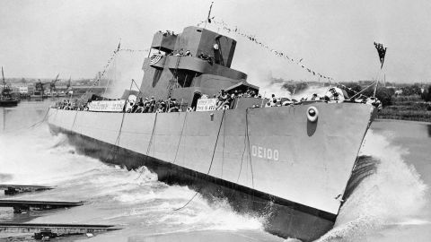 In 1944, an American destroyer escort was launched into the Ohio River, part of the massive US shipbuilding effort during World War II.