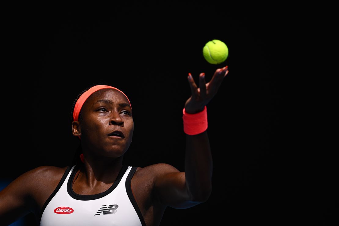Gauff in action during her first round match at the 2023 Australian Open.