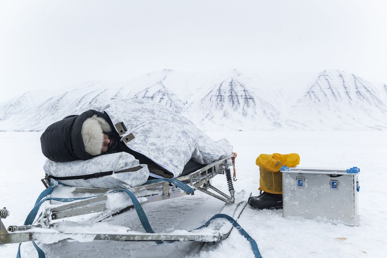 On occasions when the crew stay out for hours on the sea ice to capture a specific shot, they might take a short nap on the snowmobile. But even that can come at a cost: "When you wake you feel terrible, colder, your body slows down a bit," says Ledoux.