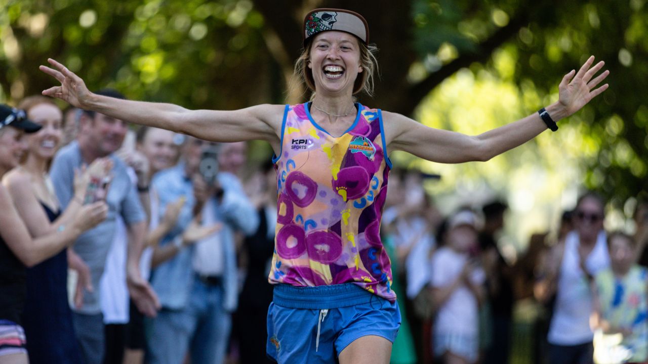 Erchana Murray-Bartlett crossed the finish line at the Pillars of Wisdom at the Tan Track in Melbourne on January 16, 2023.