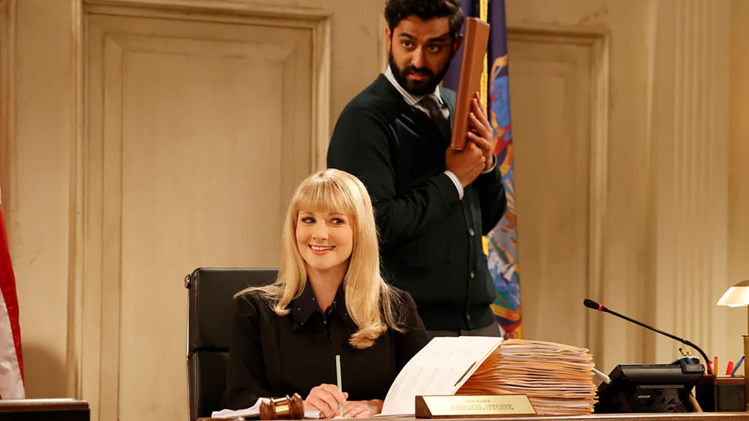 Melissa Rauch and Kapil Talwalkar in NBC's revival of "Night Court."