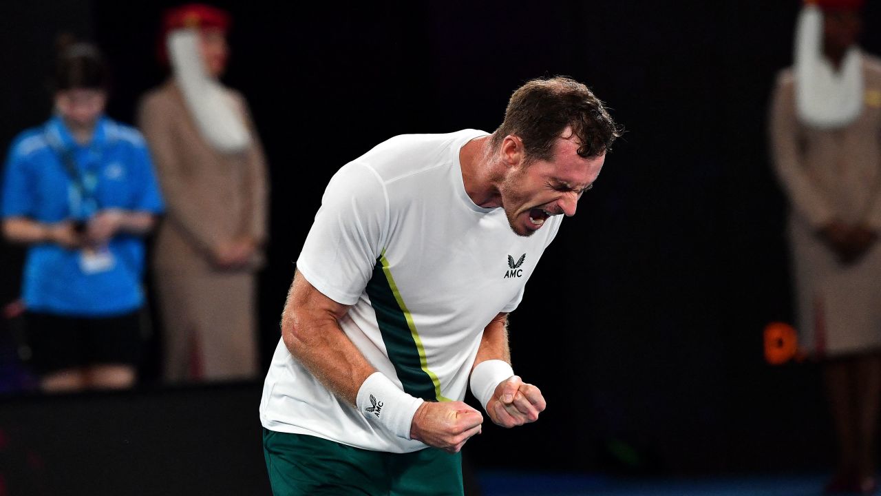 Andy Murray celebrates victory against Matteo Berrettini after their men's singles match at the Australian Open.