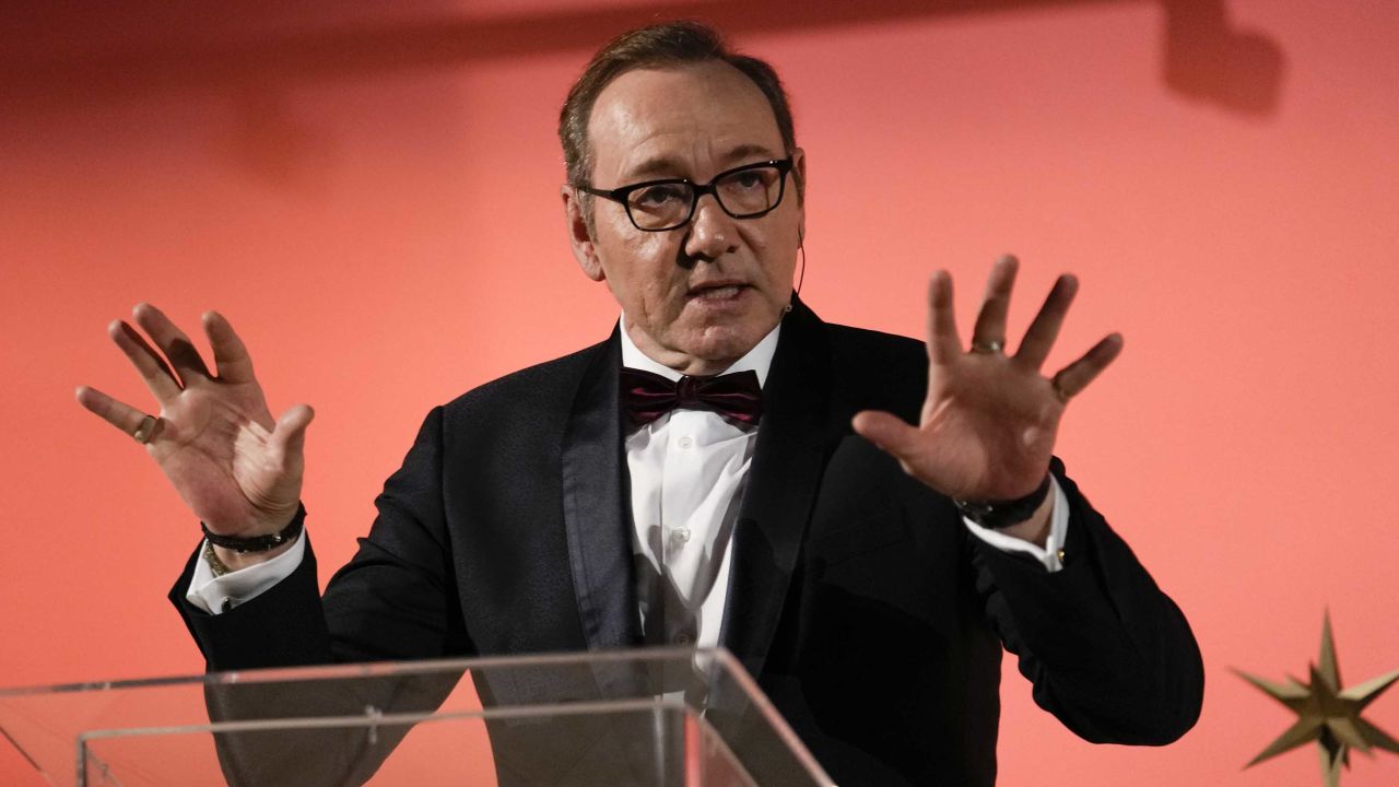 Actor Kevin Spacey talks at the National Museum of Cinema in Turin, Italy, on Monday.