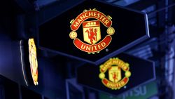 Club crests outside the pop-up Manchester United Plc pavilion ahead of the World Economic Forum (WEF) in Davos, Switzerland, on Monday, Jan. 16, 2023. The annual Davos gathering of political leaders, top executives and cel