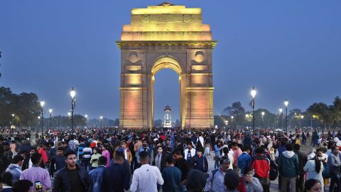 A huge crowd thronged India Gate on New Year's Eve on December 31, 2022 in New Delhi, India. 