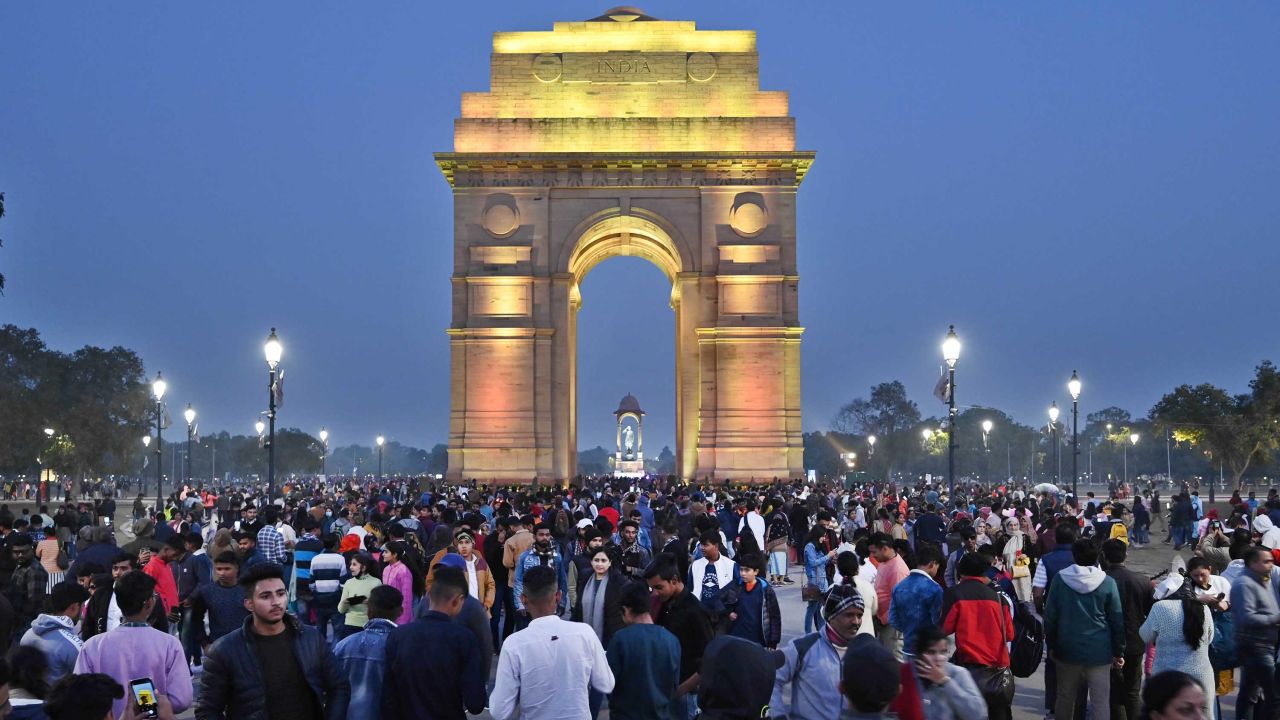 A huge crowd thronged India Gate on New Year's Eve on December 31, 2022 in New Delhi, India. 