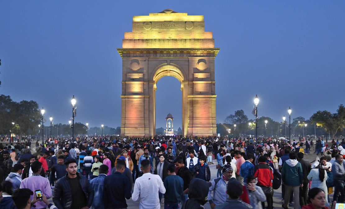 A huge crowd thronged India Gate on New Year's Eve on December 31, 2022 in New Delhi, India. 