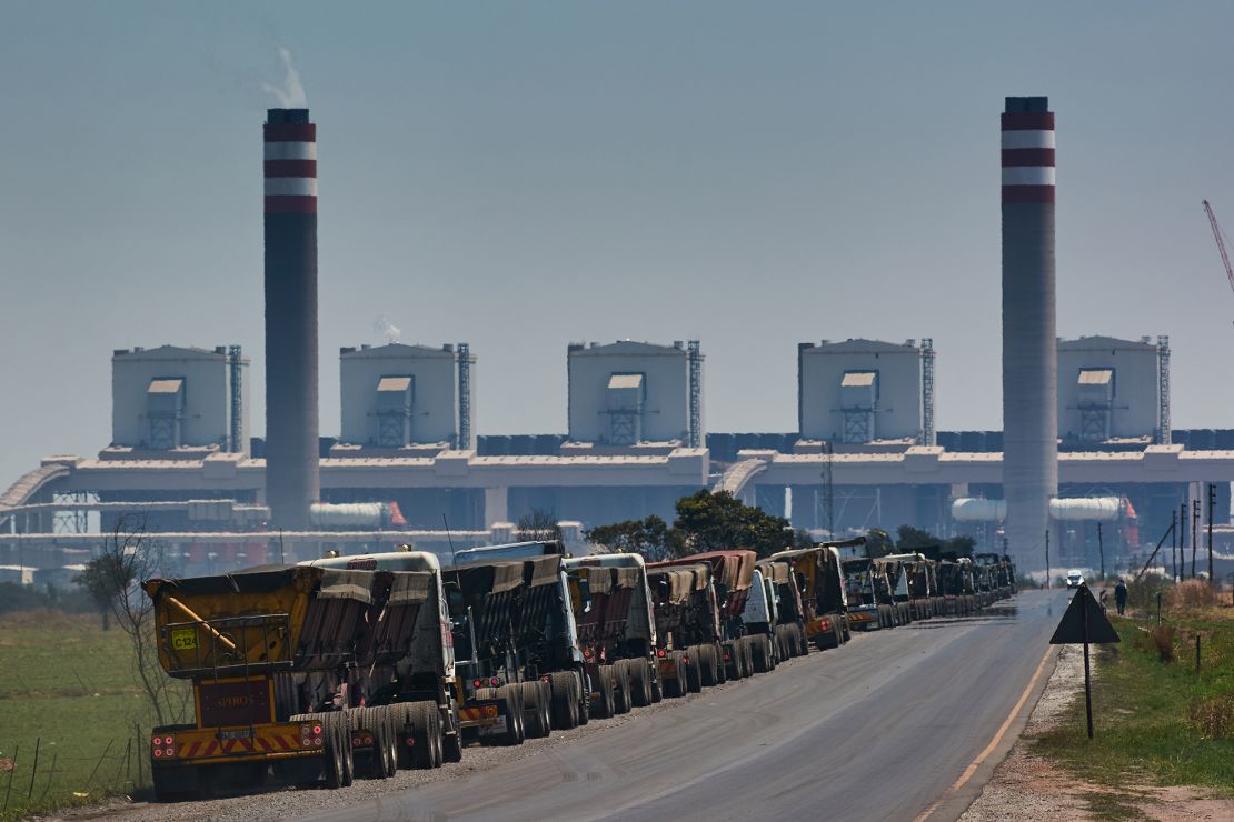 Coal delivery trucks queue outside the Kusile coal-fired power station in Mpumalanga, South Africa, on Friday, Oct. 15, 2021.