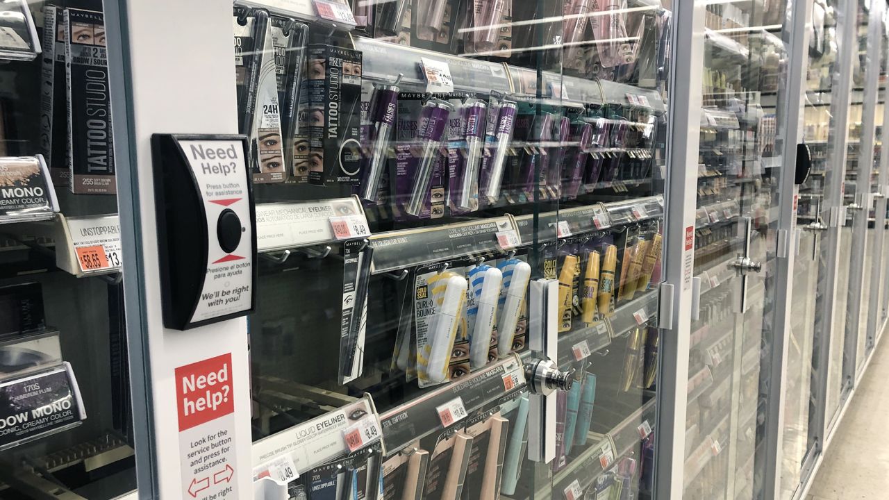 Beauty products under lock and key at a Walgreens in New York City.