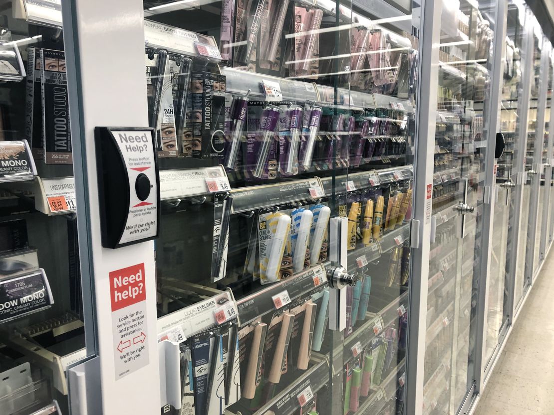 Beauty products under lock and key at a Walgreens in New York City.