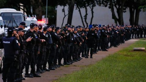 Police line up in Brasilia on Jan 11.