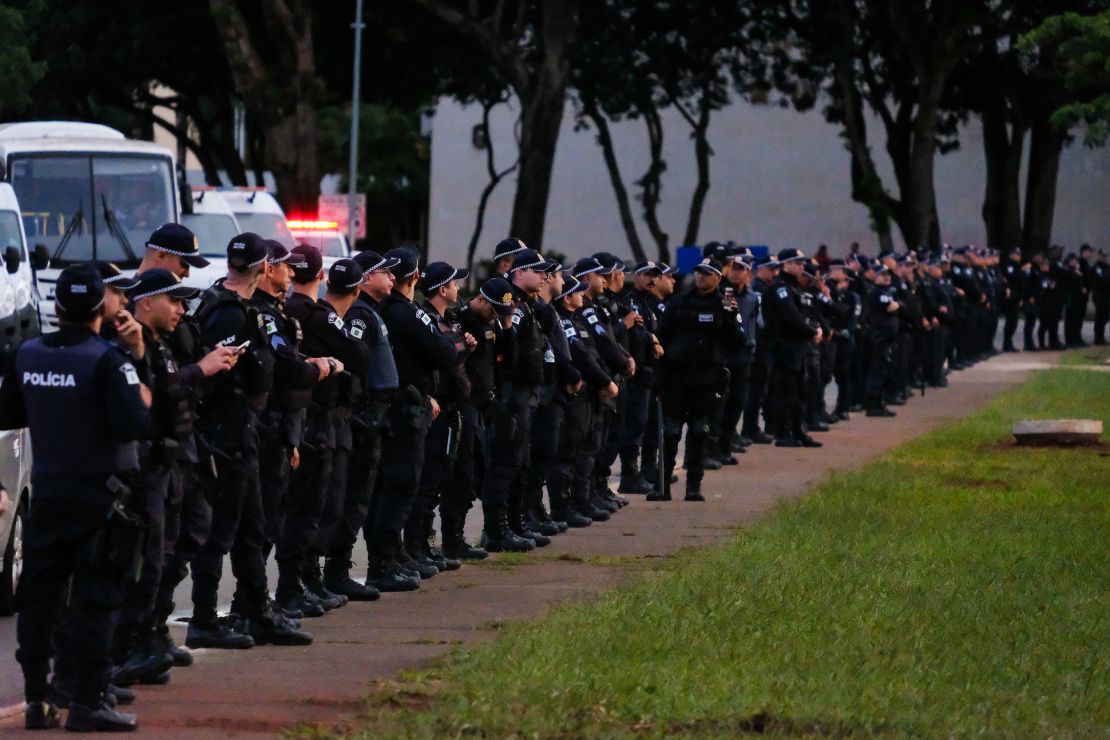Police line up in Brasilia on Jan 11.