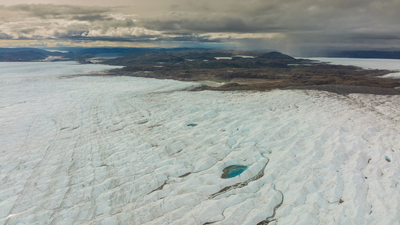 Meltwater lakes at the Russell Glacier front, part of the Greenland ice sheet in Kangerlussuaq, Greenland, on August 16, 2022.