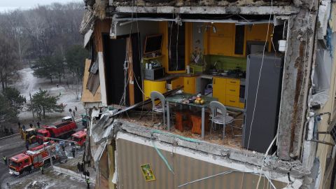 The aftermath of the missile strike on a Dnipro residential building, on Saturday. 