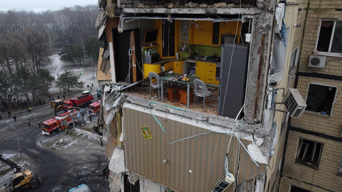 The aftermath of a Russian missile strike on a residential building in Dnipro, in January 2023. 