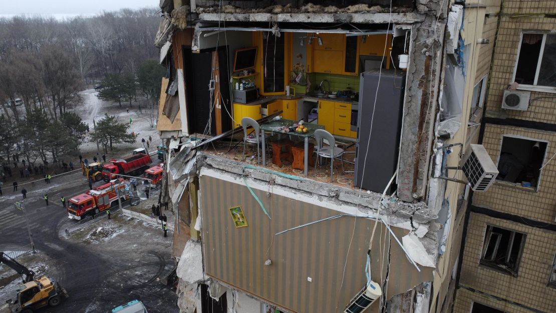 The aftermath of the missile strike on a Dnipro residential building, on Saturday. 