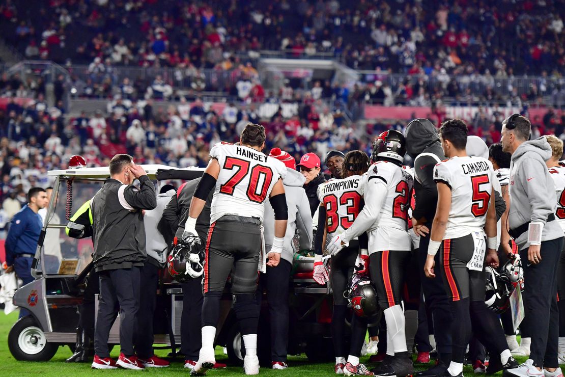 Russell Gage is carted off the field after suffering an injury against the Dallas Cowboys during the NFC Wild Card playoff game at Raymond James Stadium Monday.