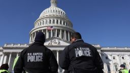 WASHINGTON, DC - FEBRUARY 28: U.S. Capitol police officers gather on the east front plaza of the Capitol on February 28, 2022 in Washington, DC. Security has been heightened and fencing was erected around the U.S. Capitol ahead of U.S. President Joe Biden's State of the Union address on Tuesday evening.