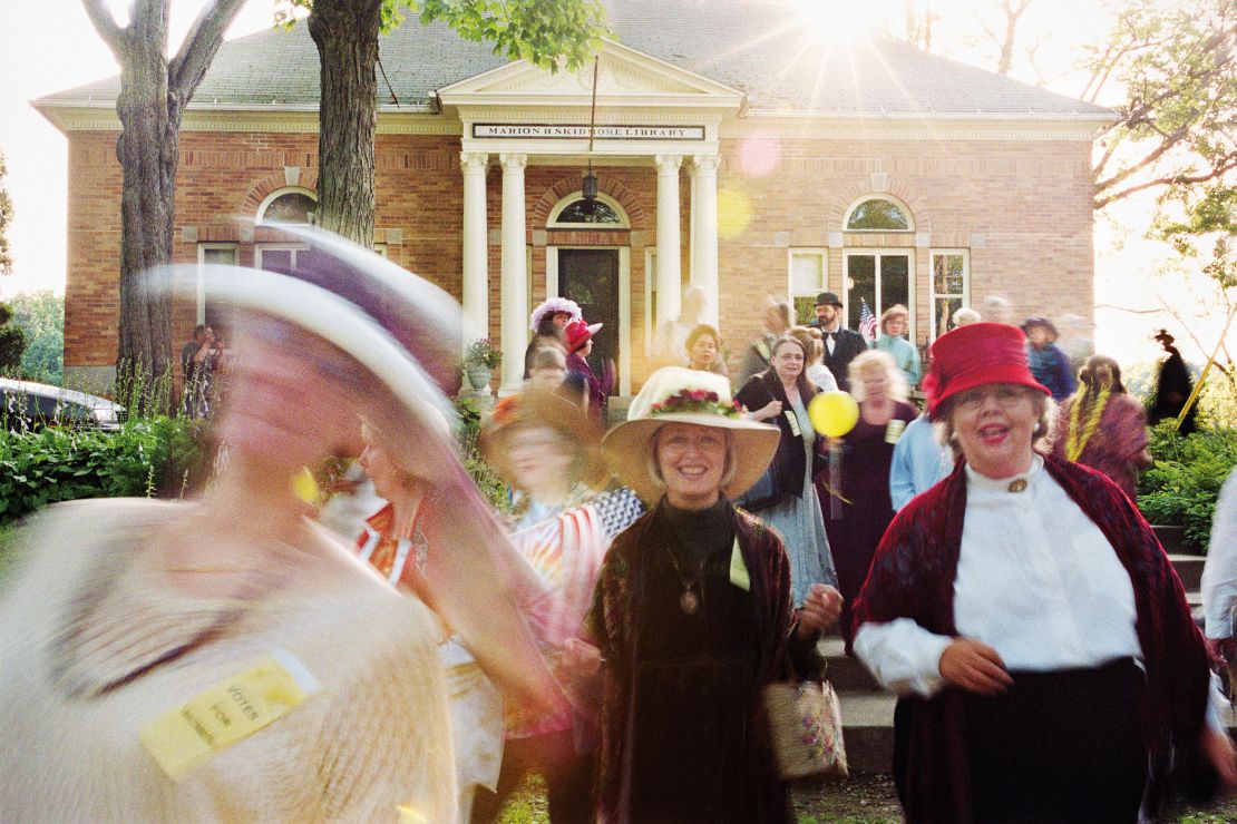 The town's Women's Suffrage Day parade in 2003. Spritualism has been linked to the women's rights movement, writes Taggart in "Seánce."