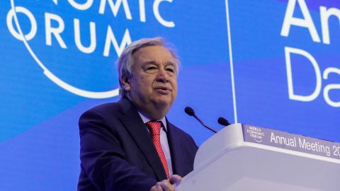 United Nations Secretary-General António Guterres addresses the World Economic Forum, in Davos, Switzerland, January 18, 2023. 

